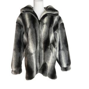 Maria Dionisiou Faux Fur Coat Mob Wife Hooded Black White Gray Full Zip Fits L